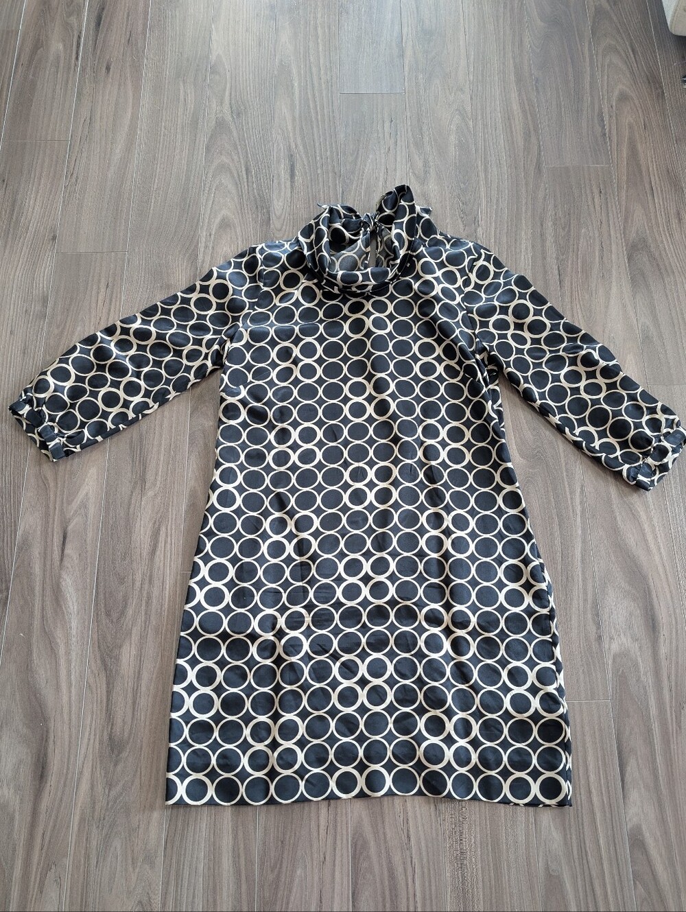 J. Crew Silk Black Dress with Beige Circles and Tied Back Cowl Neck (Size 6)